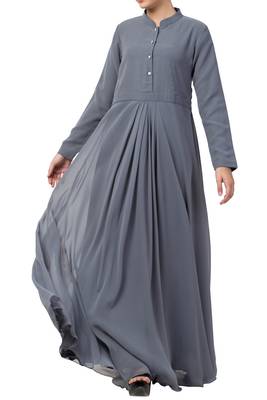 Grey modest abaya dress in fine georgette fabric with full lining and buttons on yoke 1