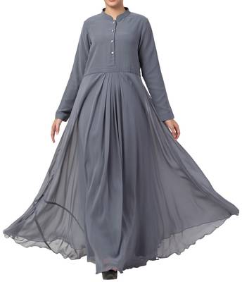 Grey modest abaya dress in fine georgette fabric with full lining and buttons on yoke 2