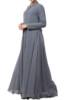 Grey modest abaya dress in fine georgette fabric with full lining and buttons on yoke 3