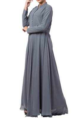 Grey modest abaya dress in fine georgette fabric with full lining and buttons on yoke 4
