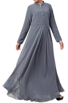 Grey modest abaya dress in fine georgette fabric with full lining and buttons on yoke 5