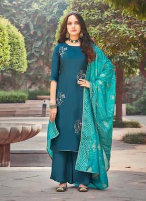 Teal blue embroidered silk palazzo 1