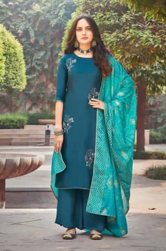 Teal blue embroidered silk palazzo