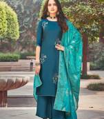 Teal blue embroidered silk palazzo