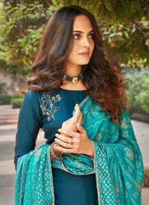 Teal blue embroidered silk palazzo 2