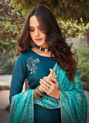 Teal blue embroidered silk palazzo 3