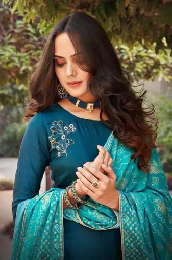 Teal blue embroidered silk palazzo