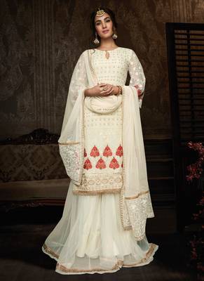 Cream embroidered georgette salwar kameez 1