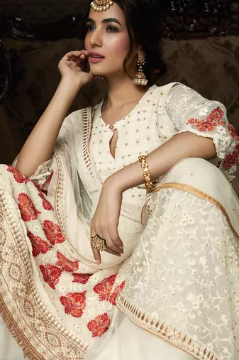 Cream embroidered georgette salwar kameez