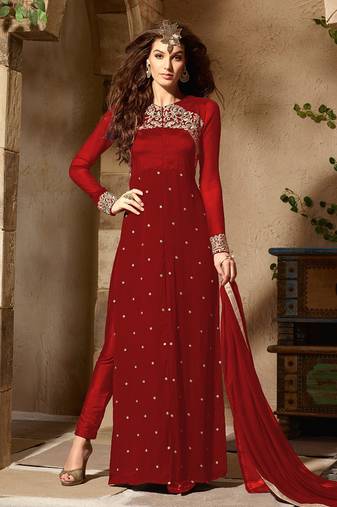 Red embroidered georgette salwar kameez