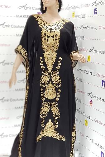 black  Moroccan Dubai Kaftan Arabic Abaya Dress  Fancy Long Gown 