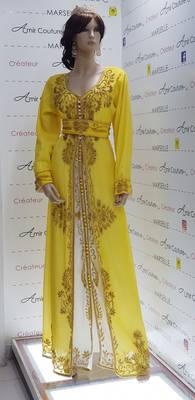 yellow Luxury Bedded Crystal Work Moroccan Dubai Kaftans  Bridesmaid Dress 1