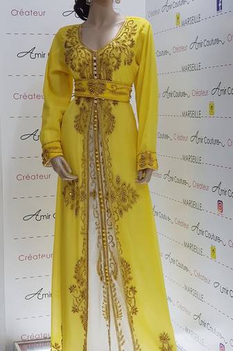 yellow Luxury Bedded Crystal Work Moroccan Dubai Kaftans  Bridesmaid Dress