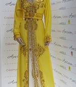 yellow Luxury Bedded Crystal Work Moroccan Dubai Kaftans  Bridesmaid Dress