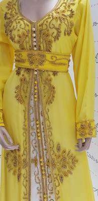 yellow Luxury Bedded Crystal Work Moroccan Dubai Kaftans  Bridesmaid Dress 2
