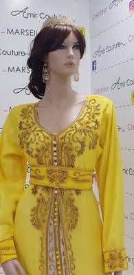 yellow Luxury Bedded Crystal Work Moroccan Dubai Kaftans  Bridesmaid Dress 3