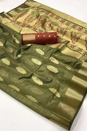 Mehendi pure paithani zari tissue handloom weaving saree