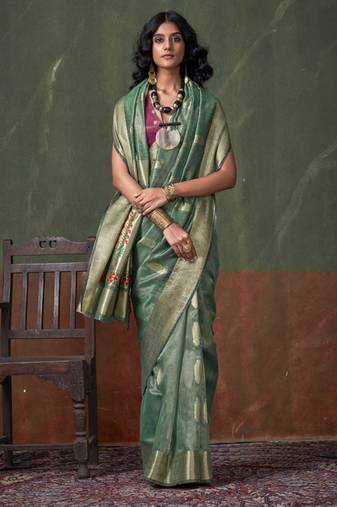 Light turquoise paithani zari tissue handloom weaving saree