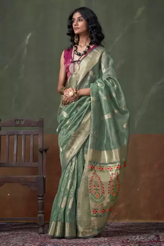 Light turquoise paithani zari tissue handloom weaving saree