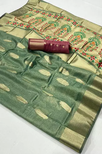 Light turquoise paithani zari tissue handloom weaving saree