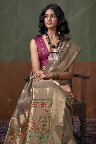 Light brown paithani zari tissue handloom weaving saree