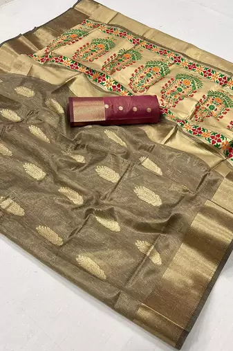 Light brown paithani zari tissue handloom weaving saree