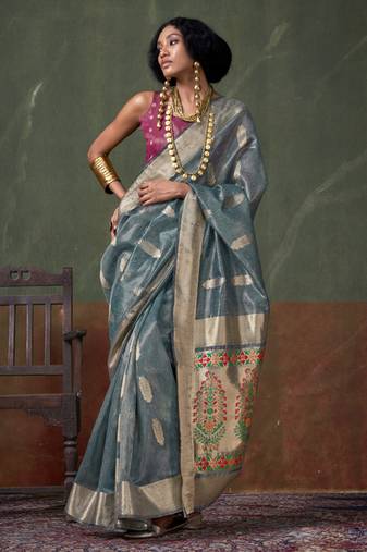 Light sky blue paithani zari tissue handloom weaving saree