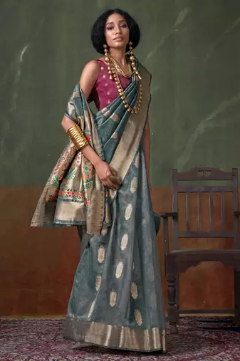 Light sky blue paithani zari tissue handloom weaving saree