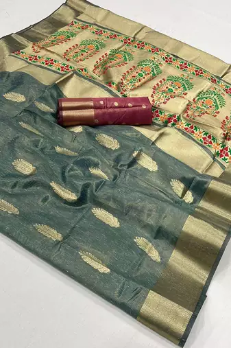 Light sky blue paithani zari tissue handloom weaving saree