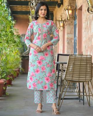 Women green rayon blend floral printed straight kurta trousers with dupatta 5