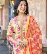 Women yellow rayon blend floral printed straight kurta trousers with dupatta