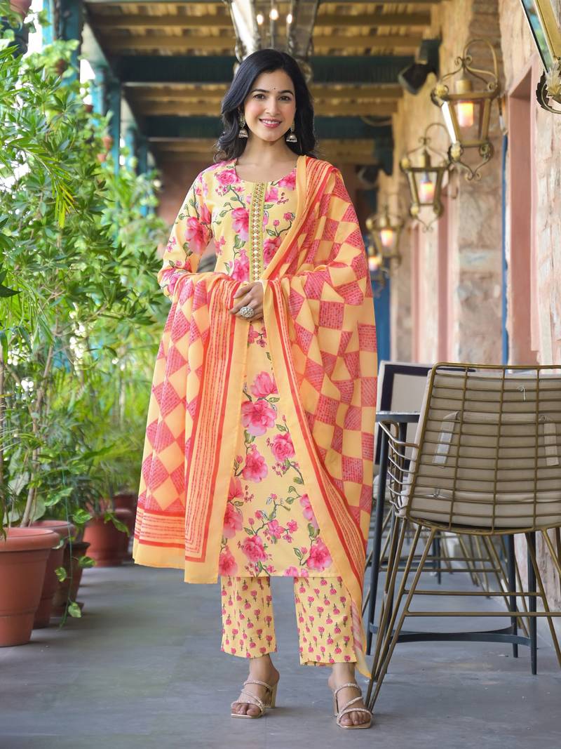 Women yellow rayon blend floral printed straight kurta trousers with dupatta