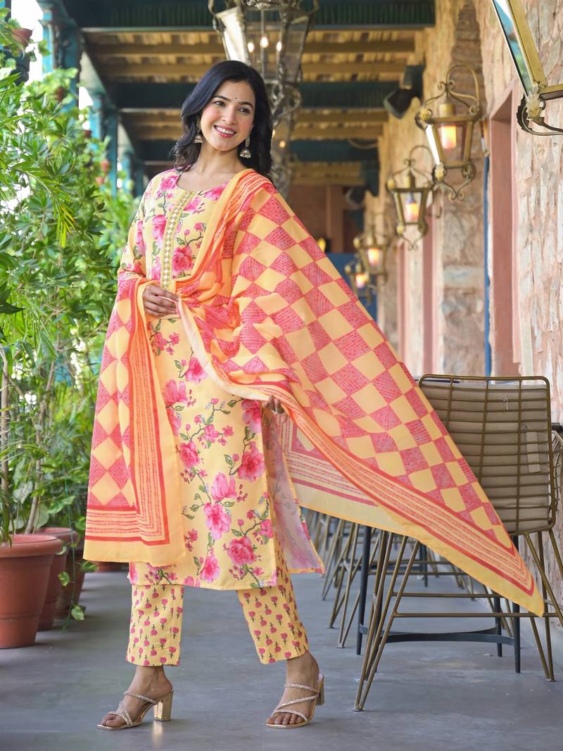 Women yellow rayon blend floral printed straight kurta trousers with dupatta