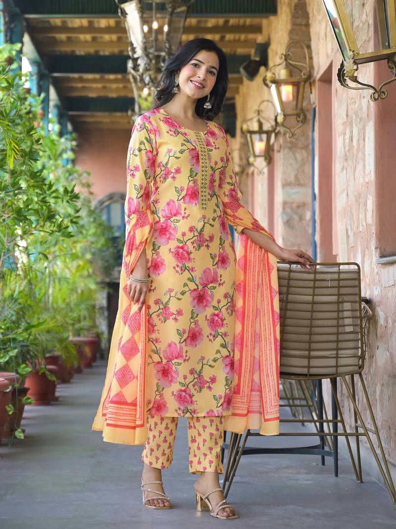 Women yellow rayon blend floral printed straight kurta trousers with dupatta