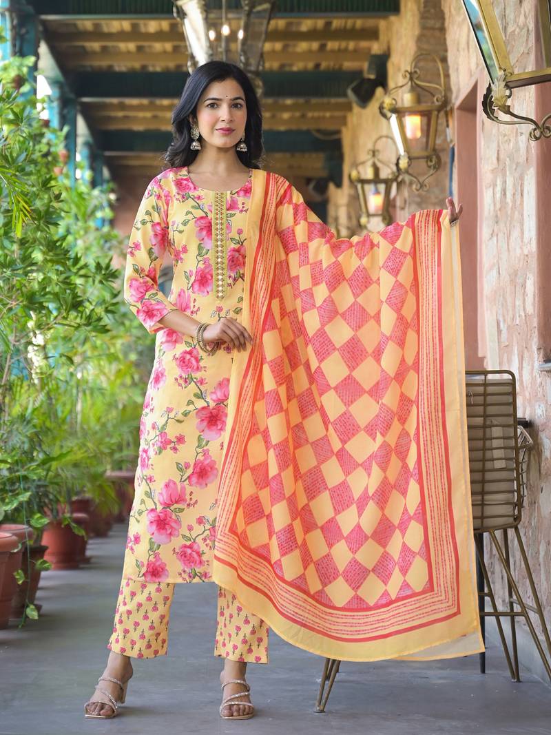 Women yellow rayon blend floral printed straight kurta trousers with dupatta