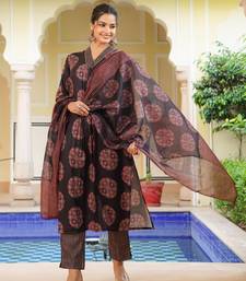 Women black rayon blend ajrakh printed straight kurta trousers with dupatta