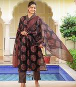 Women black rayon blend ajrakh printed straight kurta trousers with dupatta