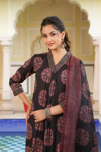 Women black rayon blend ajrakh printed straight kurta trousers with dupatta