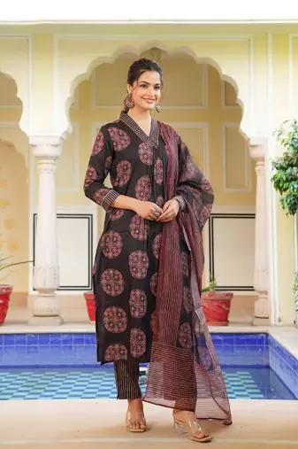 Women black rayon blend ajrakh printed straight kurta trousers with dupatta