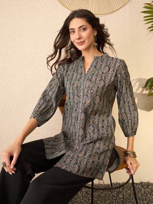 Women grey cotton blend ethnic motifs printed regular top 1