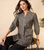Women grey cotton blend ethnic motifs printed regular top