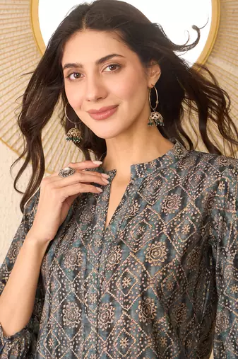 Women grey cotton blend ethnic motifs printed regular top