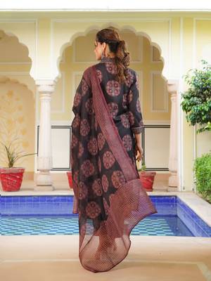 Women black rayon blend ajrakh printed straight kurta trousers with dupatta 4