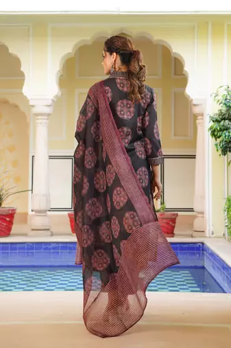 Women black rayon blend ajrakh printed straight kurta trousers with dupatta