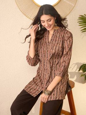 Women brown cotton blend ethnic motifs printed regular top 1