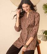 Women brown cotton blend ethnic motifs printed regular top
