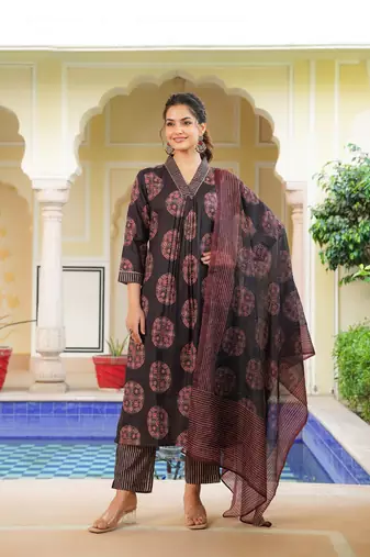Women black rayon blend ajrakh printed straight kurta trousers with dupatta