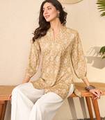 Women beige cotton blend floral printed regular top