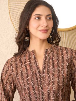 Women brown cotton blend ethnic motifs printed regular top 2