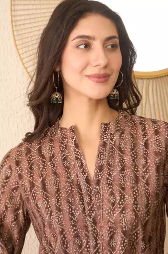 Women brown cotton blend ethnic motifs printed regular top